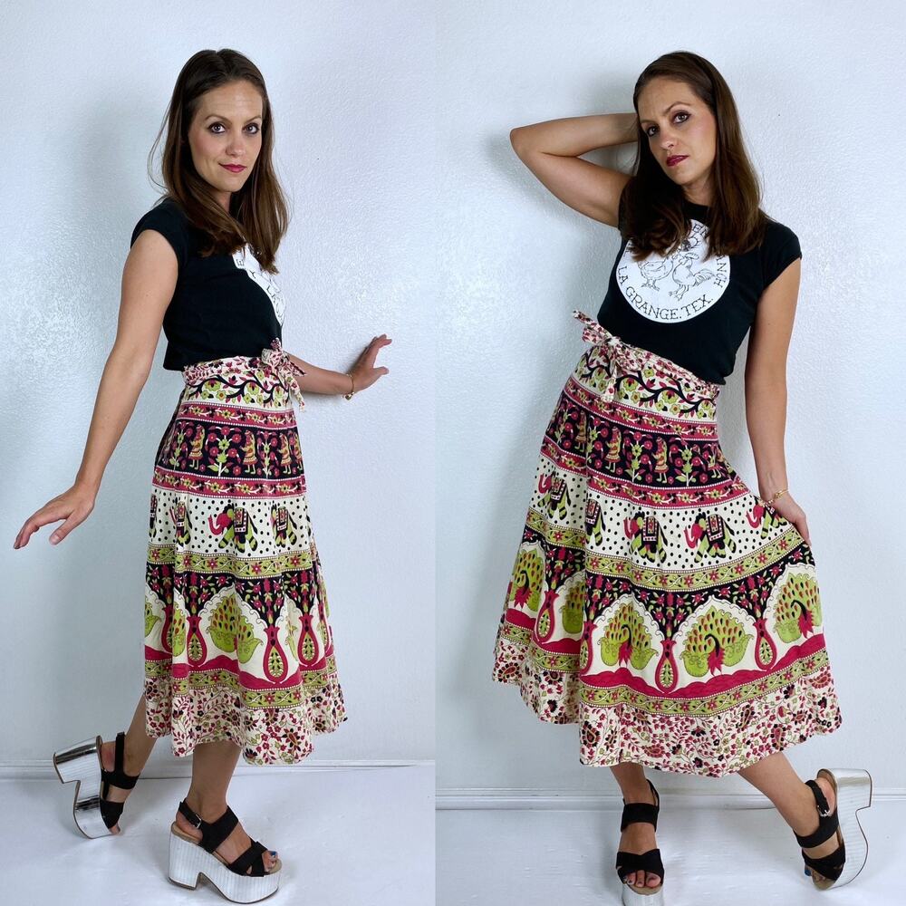 Vintage 70s Elephant Peacock Print Boho Wrap Skir… - image 4